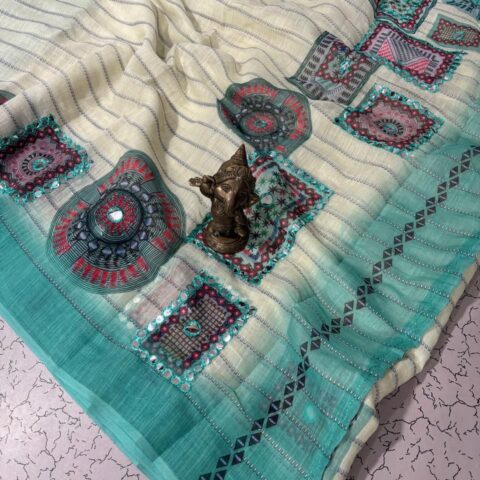 Mirror work Linen Cotton saree 004