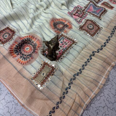 Mirror work Linen Cotton saree 007