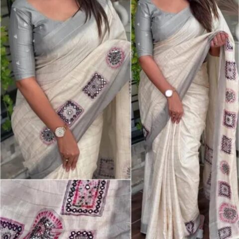 Mirror work Linen Cotton saree 005